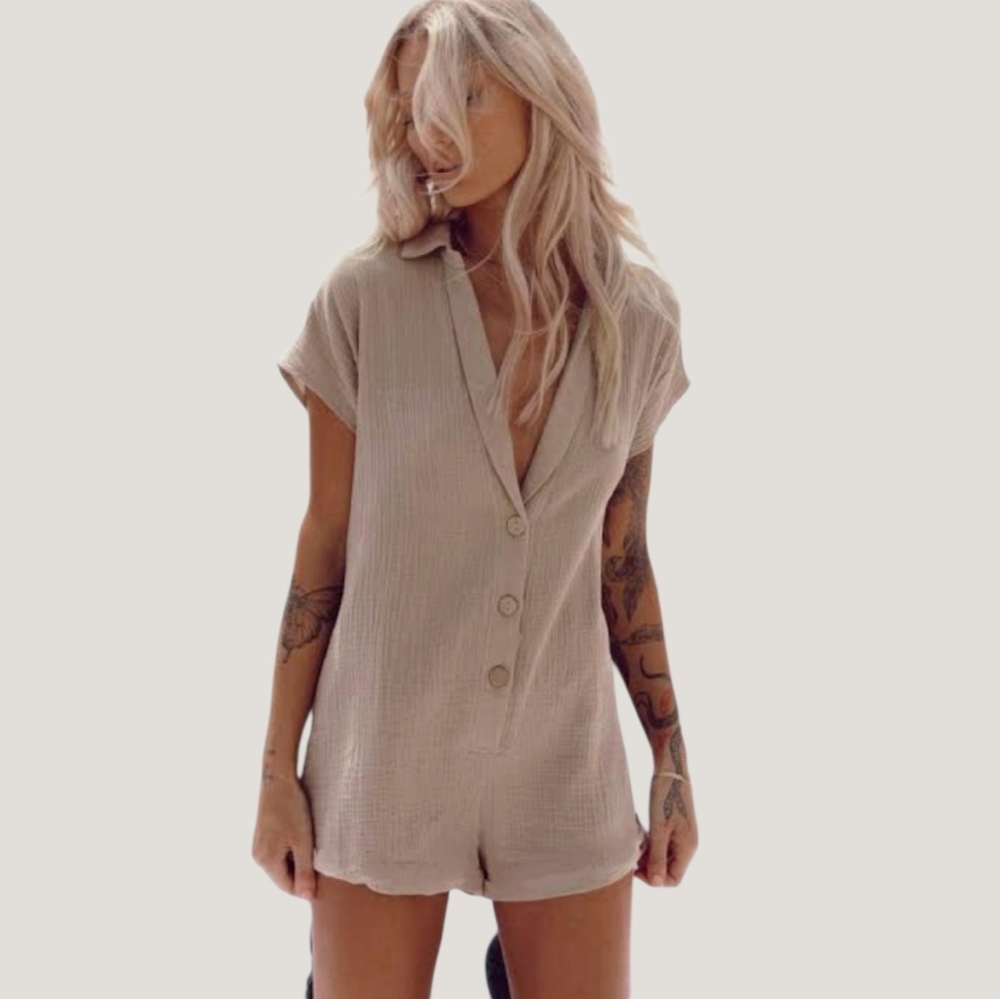 ICONE Par SIMONS Rare Taupe Gauze Organic Cotton Romper Shorts - Picture 3 of 16